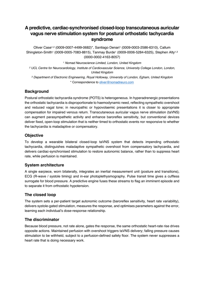 A predictive, cardiac-synchronised closed-loop transcutaneous auricular vagus nerve stimulation system for postural orthostatic tachycardia syndrome