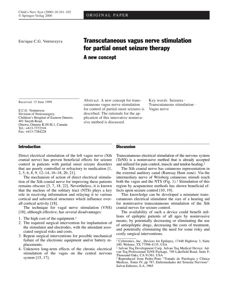 Transcutaneous vagus nerve stimulation for partial onset seizure therapy. A new concept