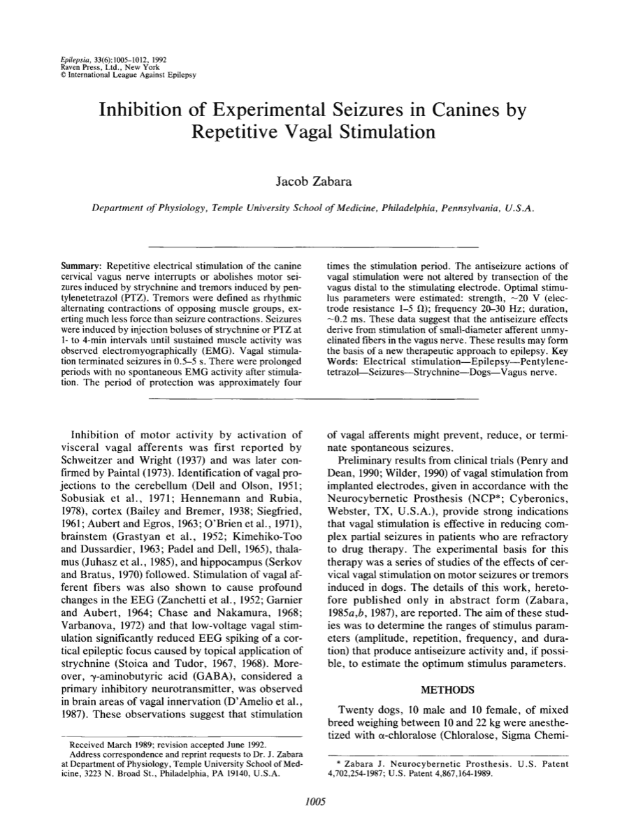Inhibition of experimental seizures in canines by repetitive vagal stimulation